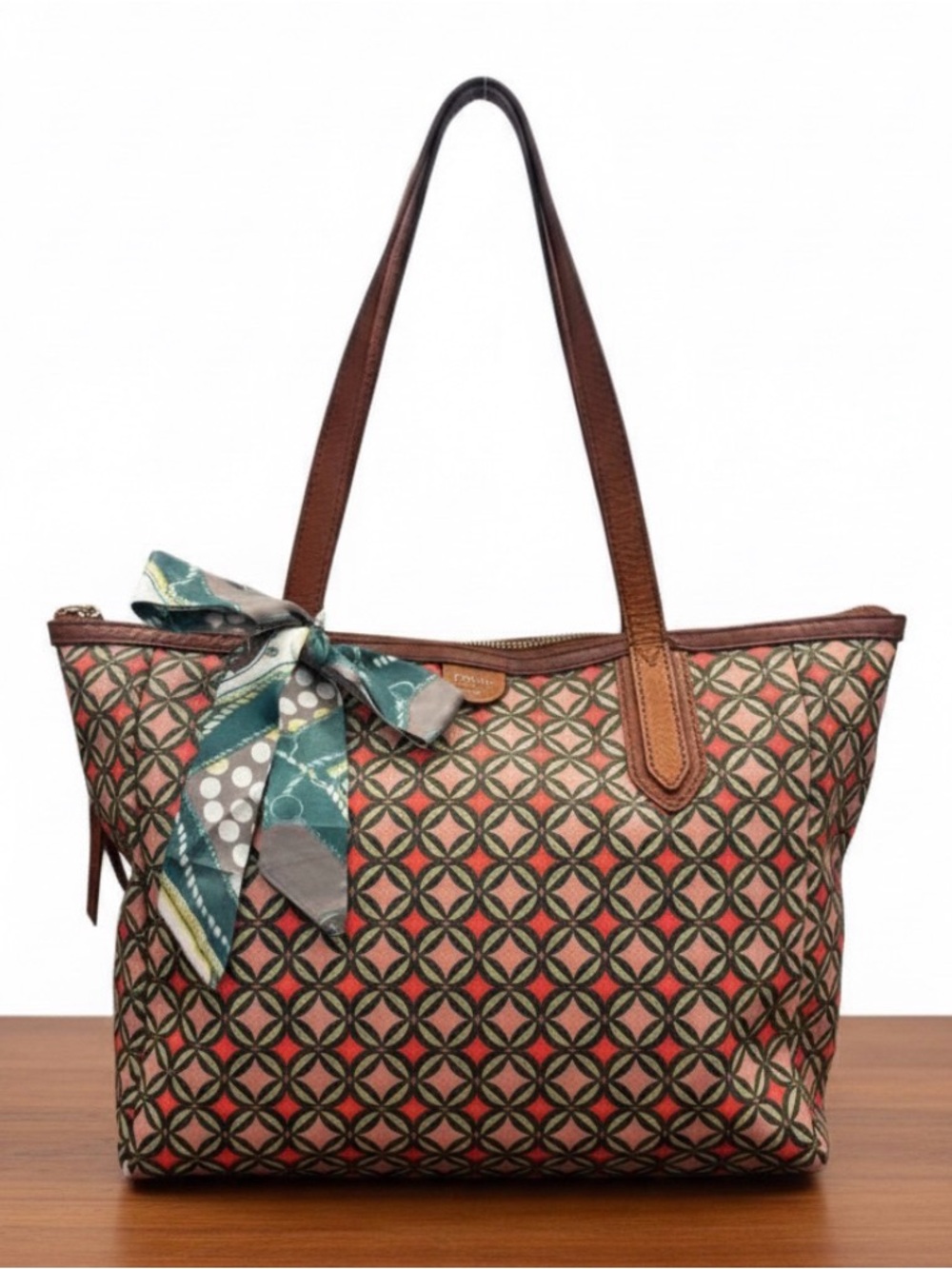 Fossil Sydney Tote Coated Leather Geometric Design Minimalist Large Tote Bag